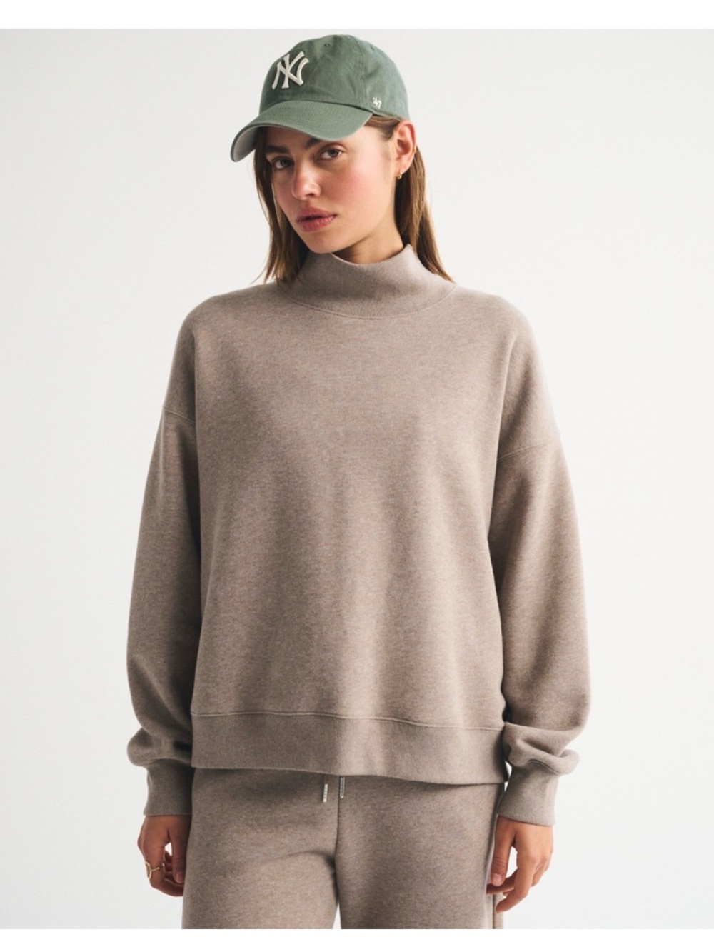 Abercrombie & Fitch Sunday Oversized Funnel-Neck Sweatshirt Taupe Tan Brown S